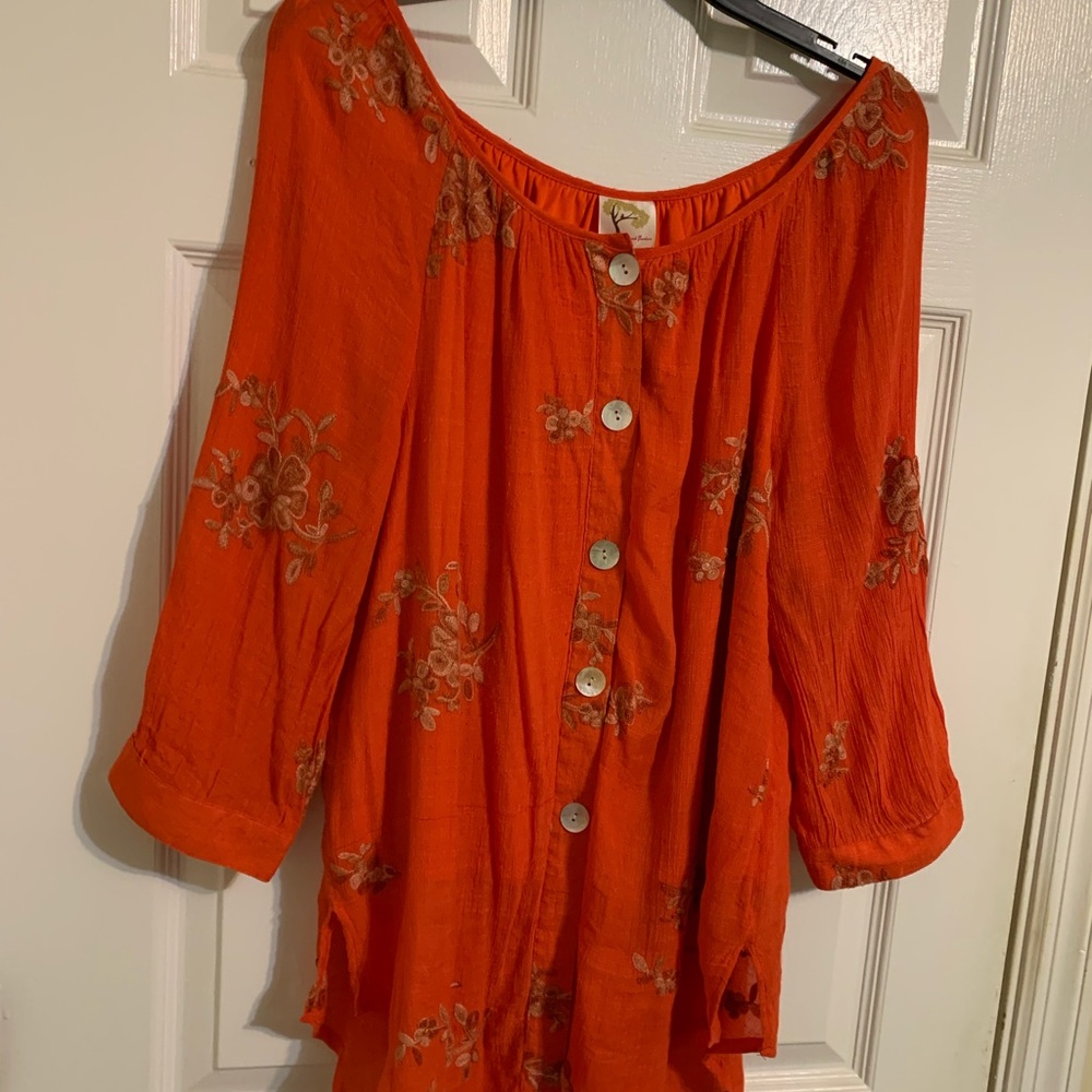 Orange Floral Button-Down Women's Top  by  Fig and Flower size XL